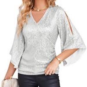 GRACE KARIN NWOT
Womens Sequn Tops 3/4 Sleeve White and Silver Sequins size M
